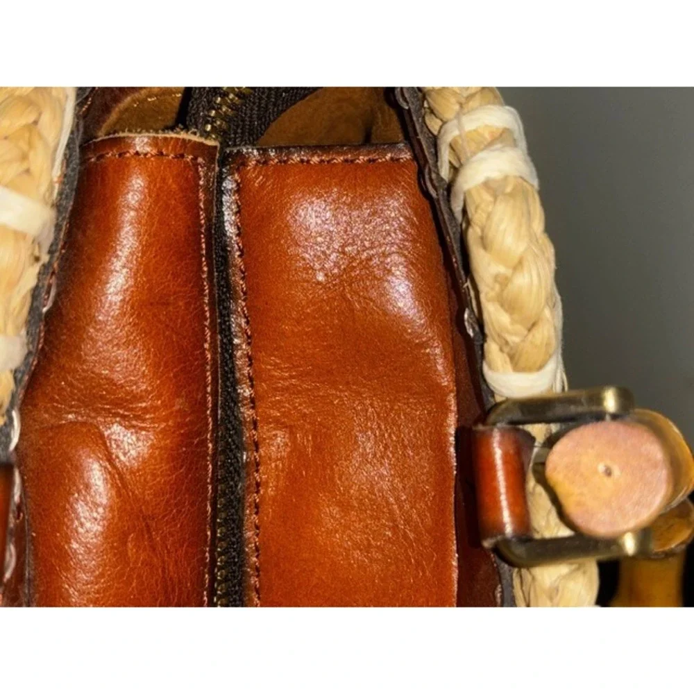 Patricia Nash Palmarola Beige/Brown Straw Satchel Bamboo Women's Handbag